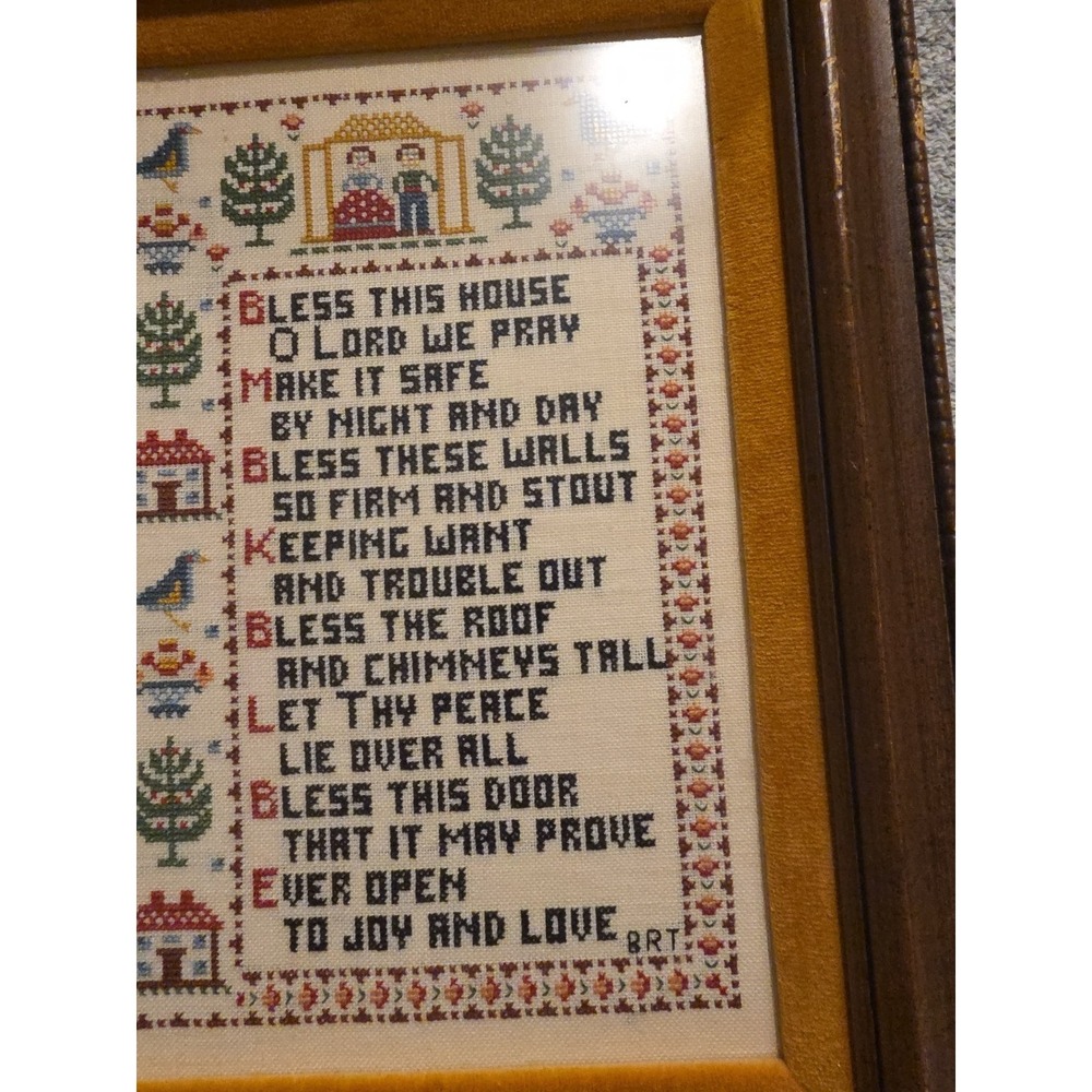 Vintage Needlepoint Wedding Sampler Primitive In Frame  11.5x15 Bless This House - Picture 3 of 4